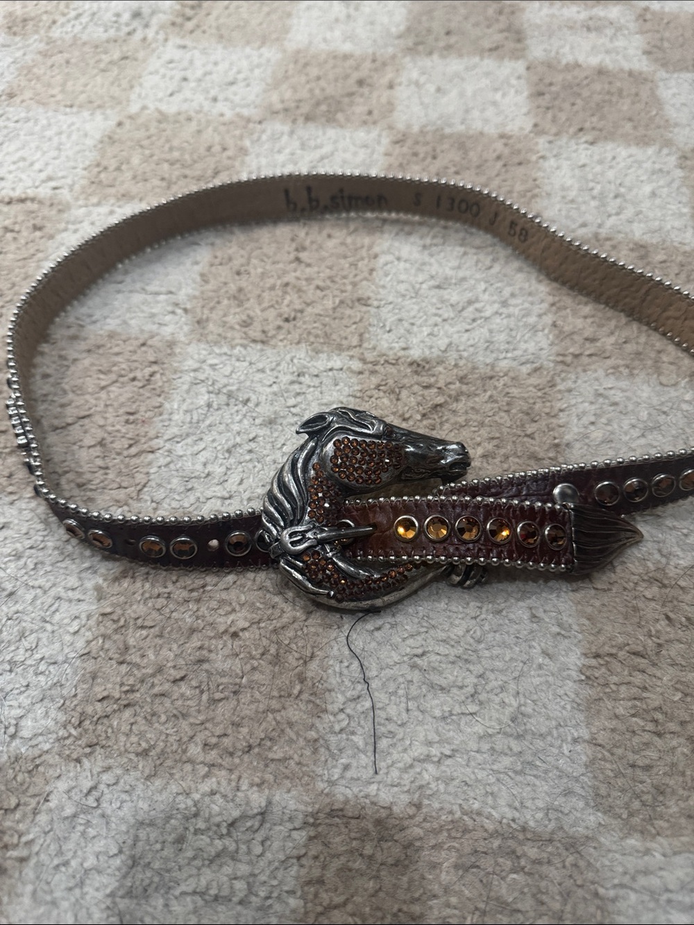 B.B. Simon Brown Leather Belt with Silver Horse Buckle and Amber Stones